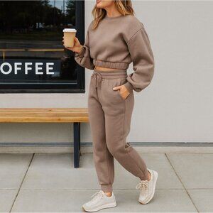 Zenana 2 Pcs Crop Sweatshirt Tracksuit Jogger Pants Set Outfit Active Loungewear